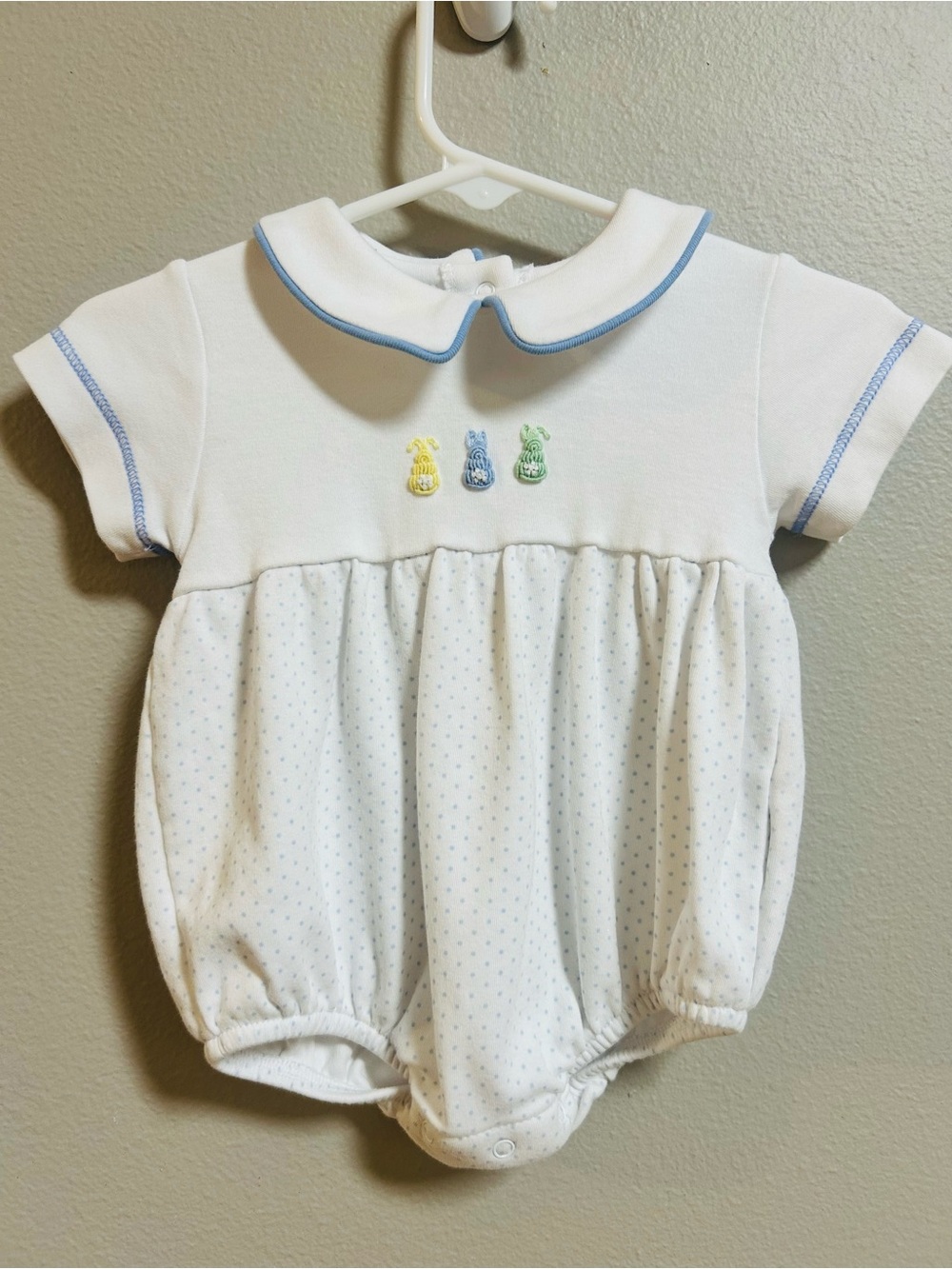 Baby Luigi 3M White Blue Polka Dot Bubble Romper Peter Pan Collar Easter Bunny